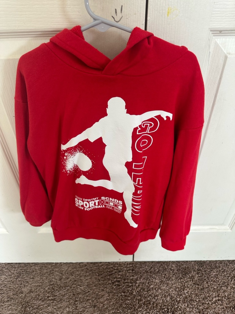 H&M Red Hooded Sweatshirt with White Soccer Graphic - Men